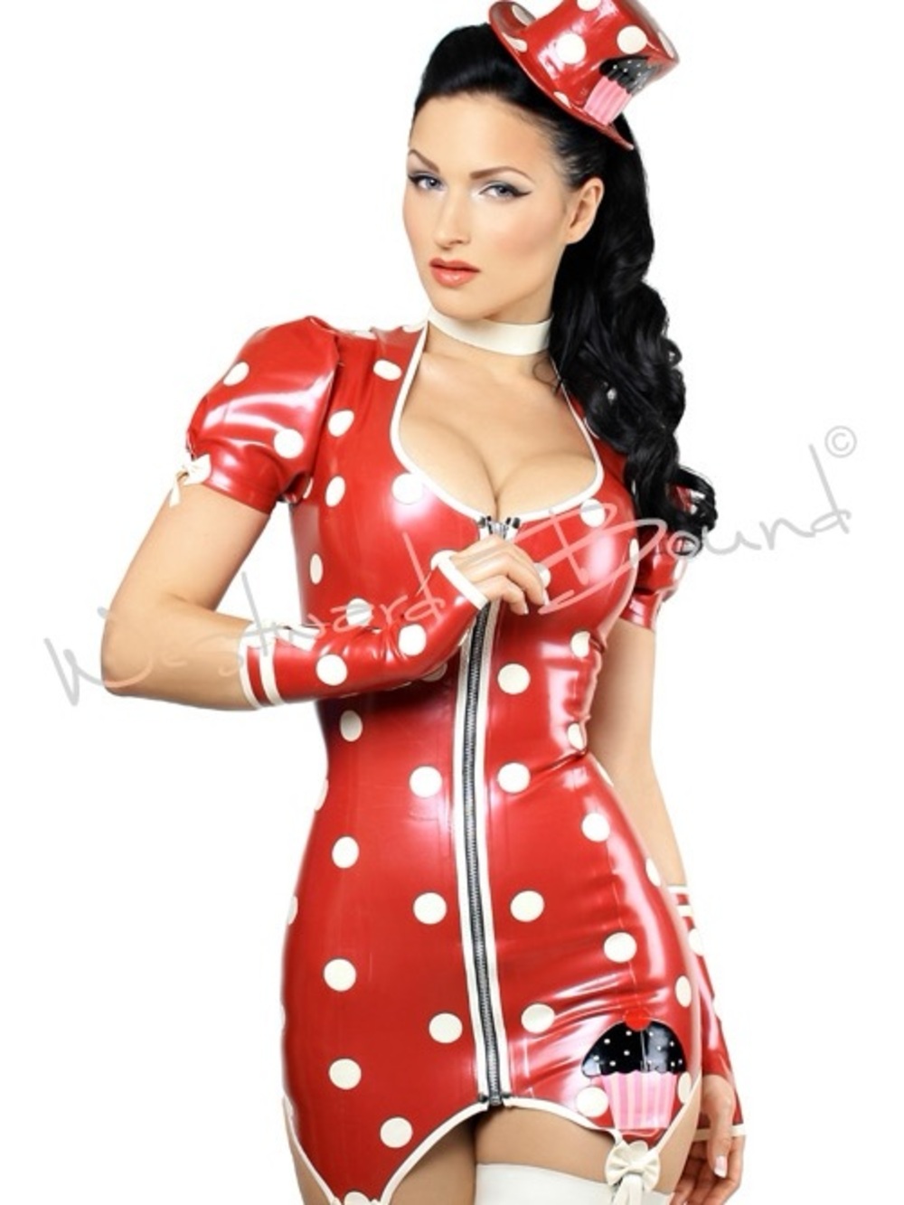 Rare Cirque-Sucré Latex Rubber Dress/Hat&Mitts Red with White Polka Dots UK 8